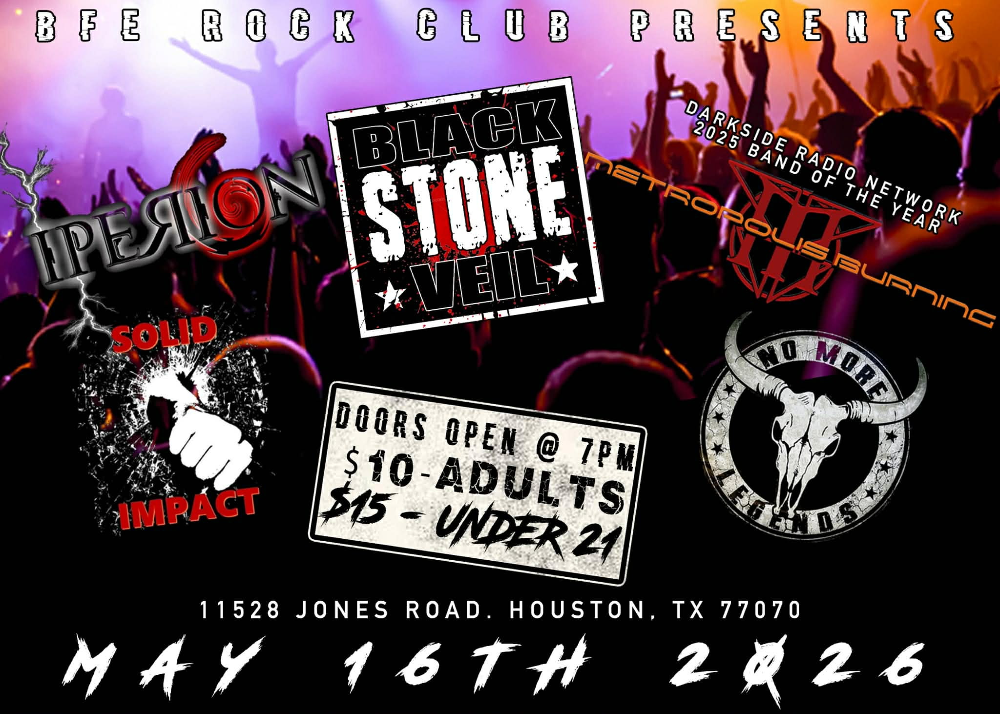 BFE Rock Club show flyer — May 16th 2026, Houston TX